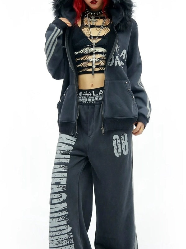 NANAICHILLI Cozy Zip Hooded Sweatshirt With Straight Leg Pants Unisex Loungewear Set