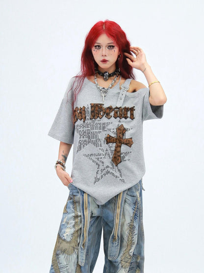 NANAICHILLI Creative Cotton 92% Printed Loose Street Slanted Neck Grey Brown T-Shirt