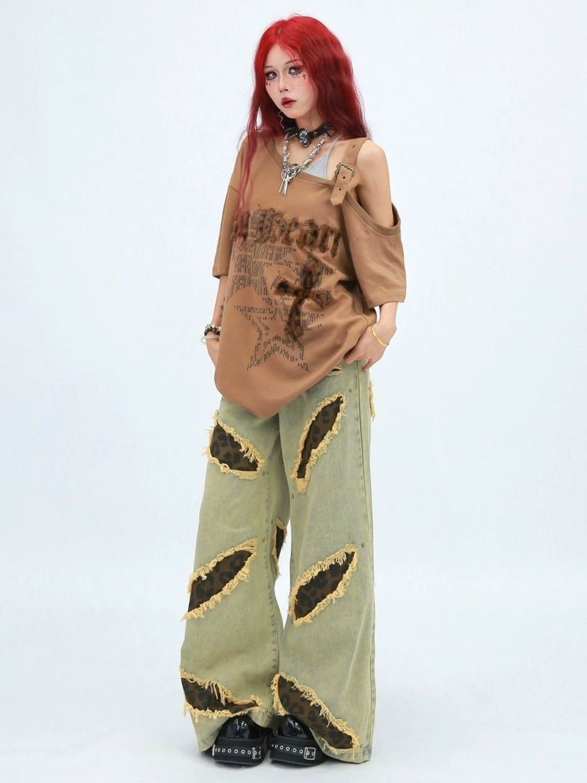 NANAICHILLI Creative Cotton 92% Printed Loose Street Slanted Neck Grey Brown T-Shirt