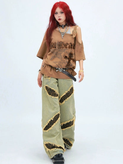 NANAICHILLI Creative Cotton 92% Printed Loose Street Slanted Neck Grey Brown T-Shirt