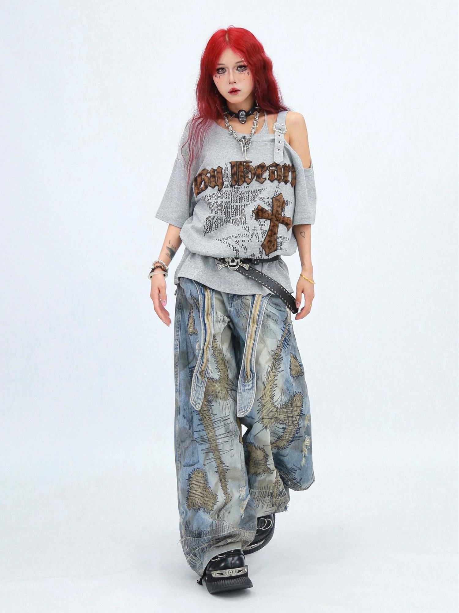 NANAICHILLI Creative Cotton 92% Printed Loose Street Slanted Neck Grey Brown T-Shirt