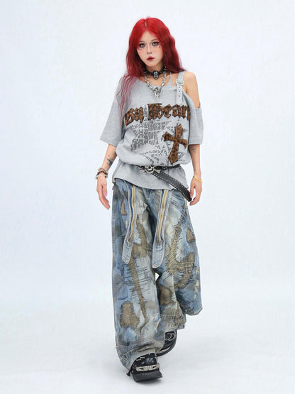 NANAICHILLI Creative Cotton 92% Printed Loose Street Slanted Neck Grey Brown T-Shirt