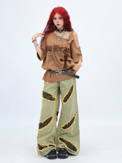 NANAICHILLI Creative Cotton 92% Printed Loose Street Slanted Neck Grey Brown T-Shirt