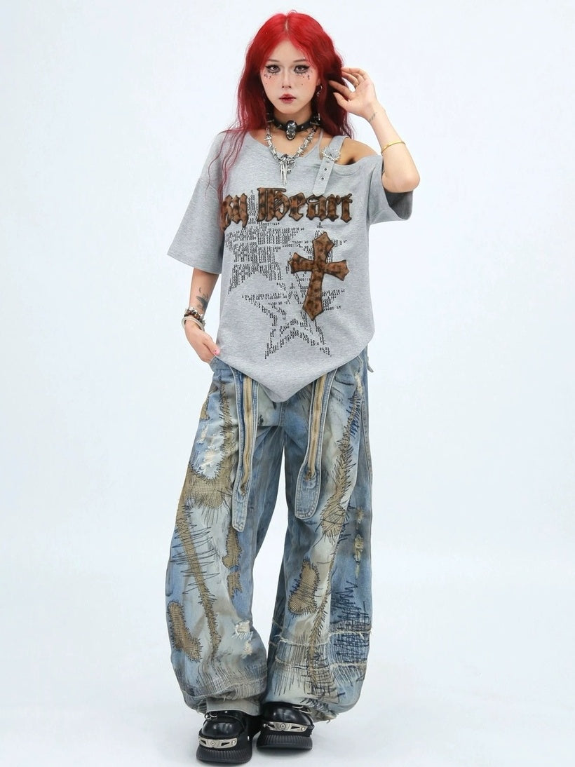 NANAICHILLI Creative Cotton 92% Printed Loose Street Slanted Neck Grey Brown T-Shirt