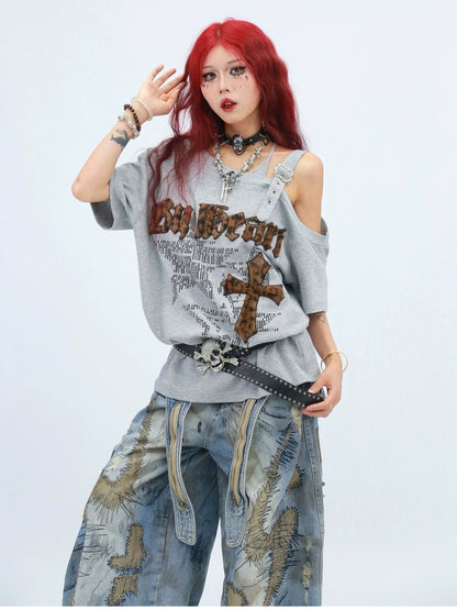 NANAICHILLI Creative Cotton 92% Printed Loose Street Slanted Neck Grey Brown T-Shirt