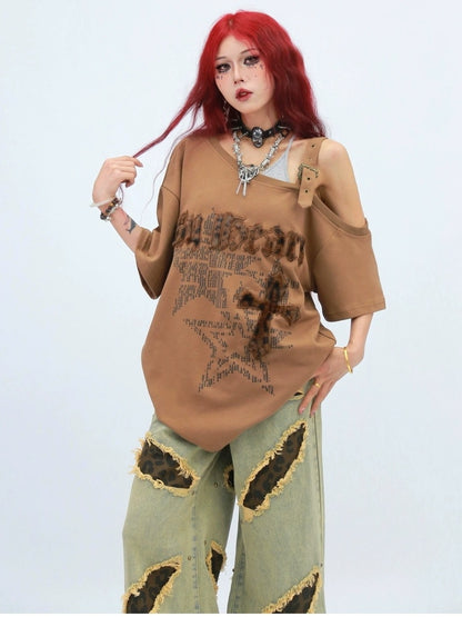 NANAICHILLI Creative Cotton 92% Printed Loose Street Slanted Neck Grey Brown T-Shirt