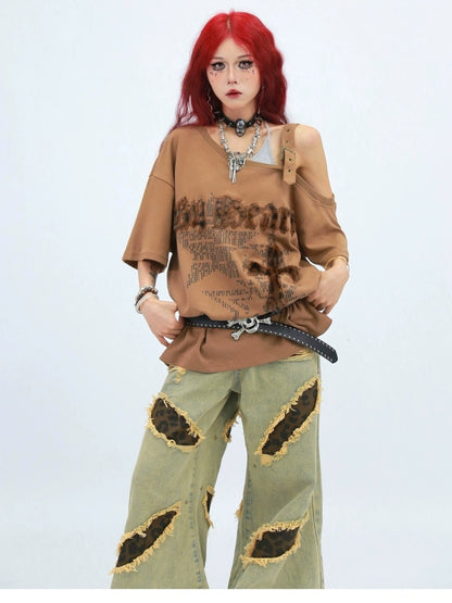 NANAICHILLI Creative Cotton 92% Printed Loose Street Slanted Neck Grey Brown T-Shirt