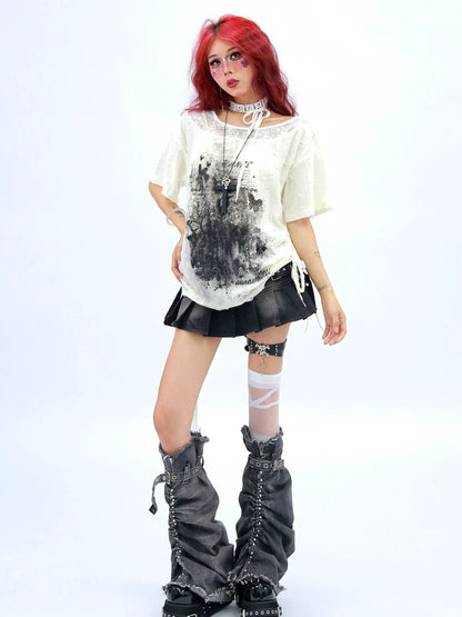 NANAICHILLI Creative Graphic Print Street Style Loose Fit Boat Neck White Gray T-Shirt