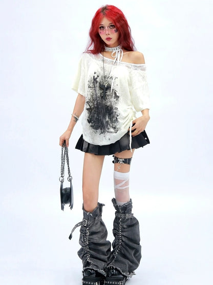 NANAICHILLI Creative Graphic Print Street Style Loose Fit Boat Neck White Gray T-Shirt