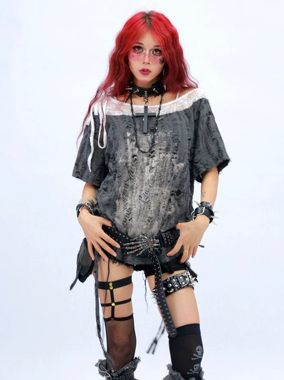 NANAICHILLI Creative Graphic Print Street Style Loose Fit Boat Neck White Gray T-Shirt