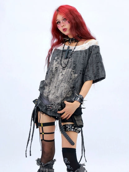 NANAICHILLI Creative Graphic Print Street Style Loose Fit Boat Neck White Gray T-Shirt