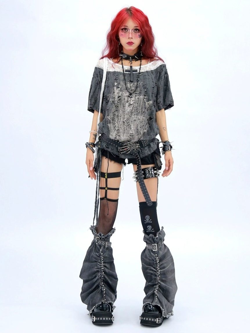 NANAICHILLI Creative Graphic Print Street Style Loose Fit Boat Neck White Gray T-Shirt