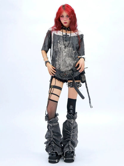 NANAICHILLI Creative Graphic Print Street Style Loose Fit Boat Neck White Gray T-Shirt