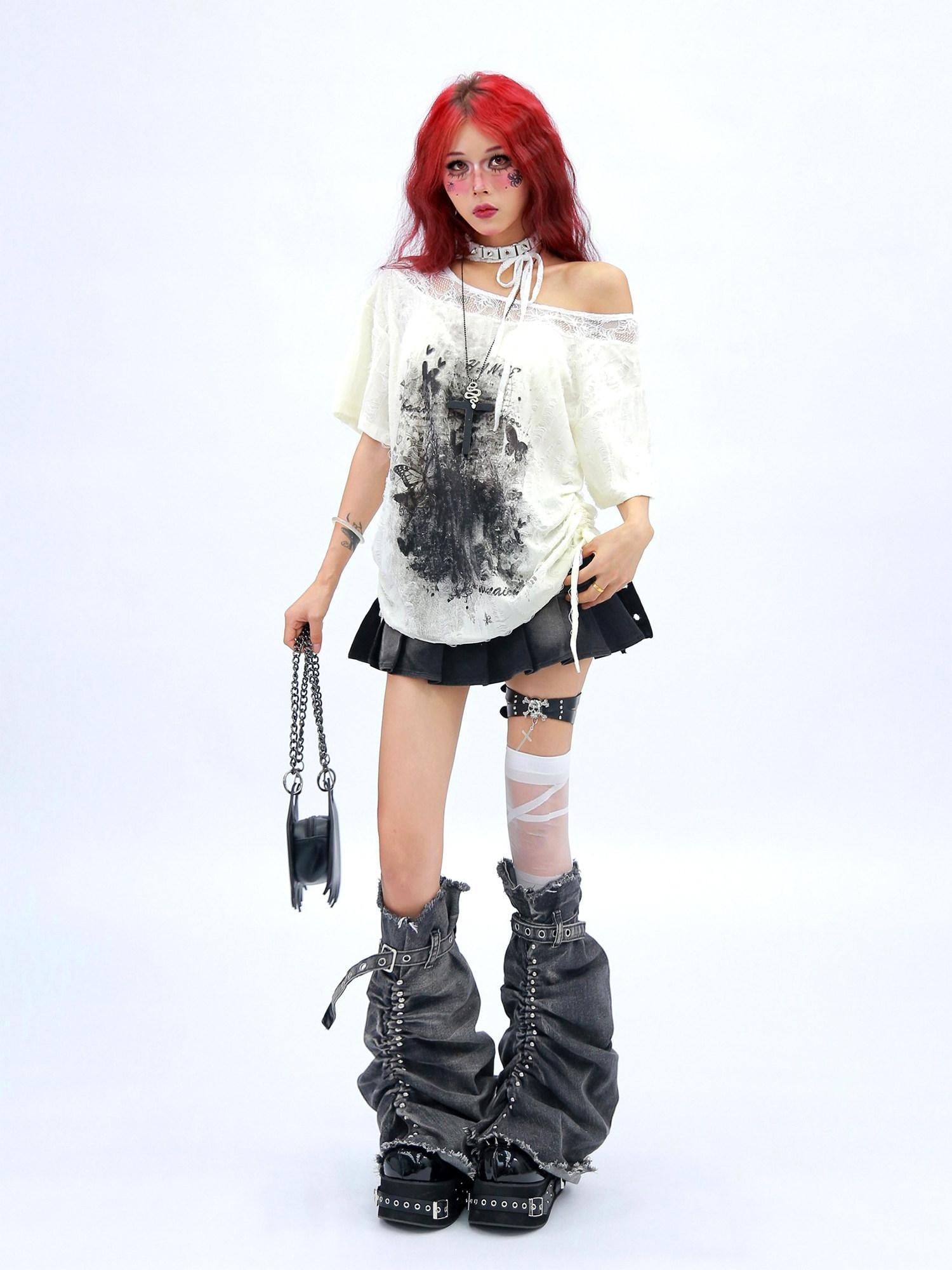 NANAICHILLI Creative Graphic Print Street Style Loose Fit Boat Neck White Gray T-Shirt