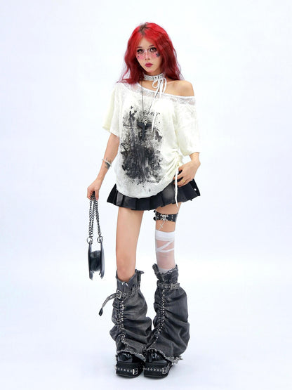 NANAICHILLI Creative Graphic Print Street Style Loose Fit Boat Neck White Gray T-Shirt