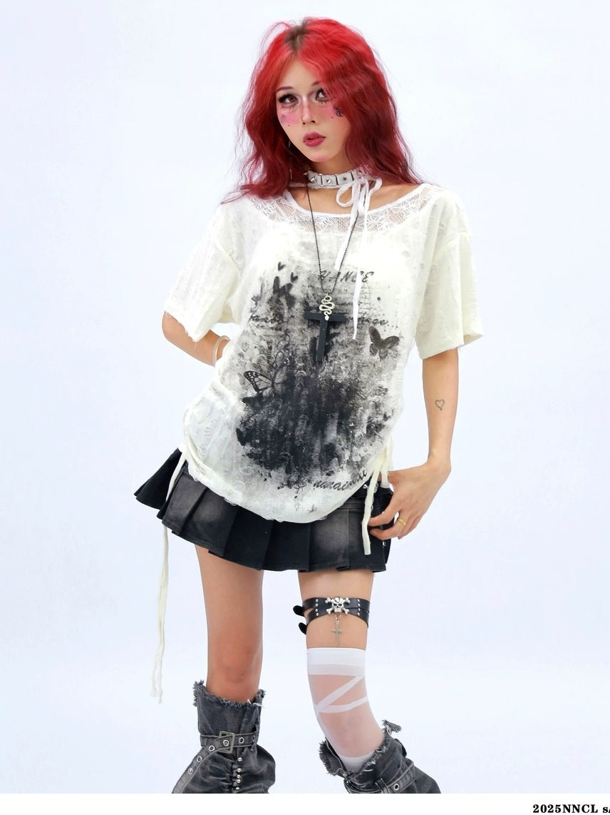 NANAICHILLI Creative Graphic Print Street Style Loose Fit Boat Neck White Gray T-Shirt