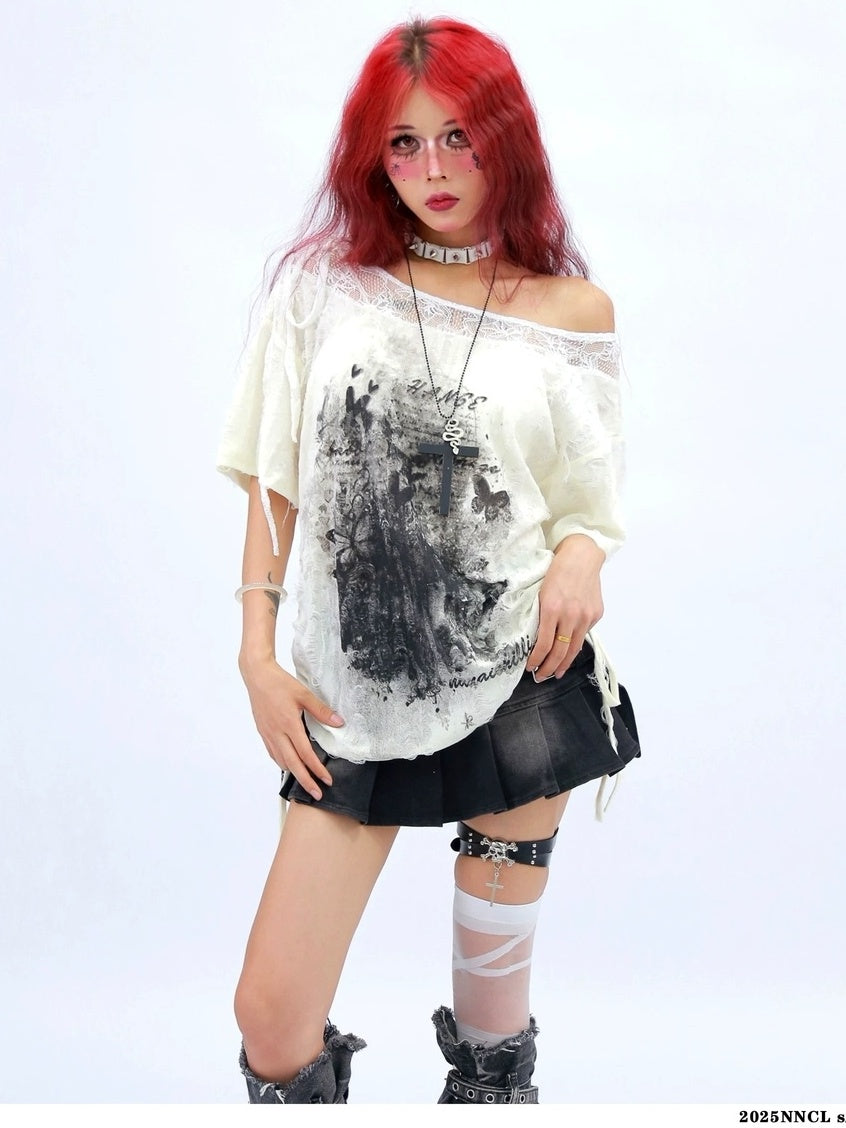 NANAICHILLI Creative Graphic Print Street Style Loose Fit Boat Neck White Gray T-Shirt