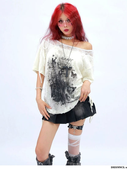 NANAICHILLI Creative Graphic Print Street Style Loose Fit Boat Neck White Gray T-Shirt