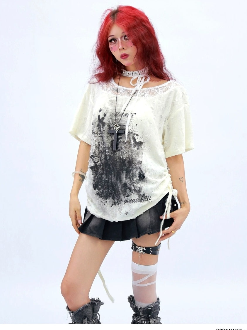 NANAICHILLI Creative Graphic Print Street Style Loose Fit Boat Neck White Gray T-Shirt
