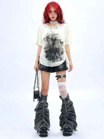 NANAICHILLI Creative Graphic Print Street Style Loose Fit Boat Neck White Gray T-Shirt