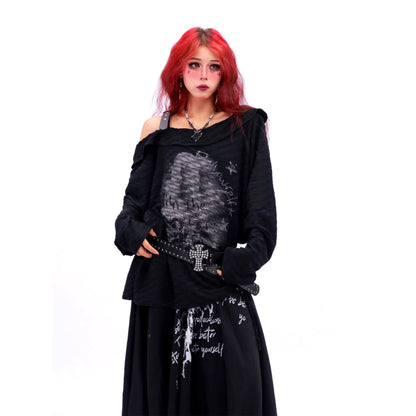 NANAICHILLI_Creative_Print_Loose_Boat_Neck_Commuter_Women_Black_Brown_Long_Sleeve_T-Shirt_MISSTT