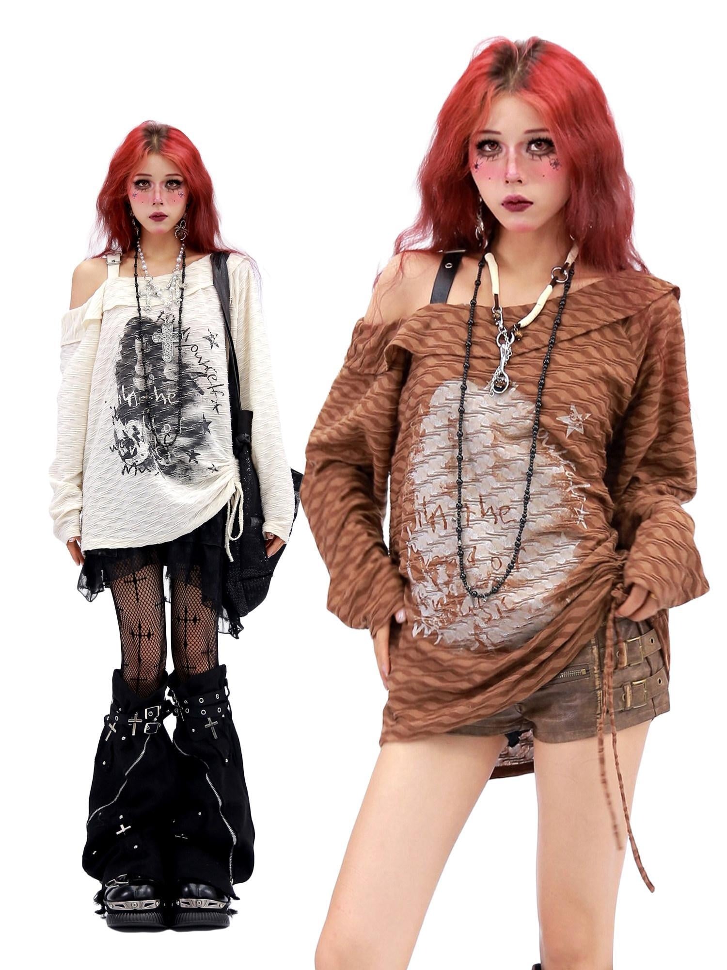 NANAICHILLI Creative Print Loose Boat Neck Commuter Women Black Brown Long Sleeve T-Shirt