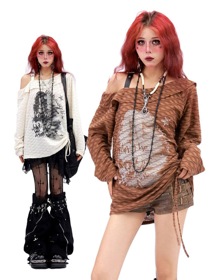 NANAICHILLI Creative Print Loose Boat Neck Commuter Women Black Brown Long Sleeve T-Shirt