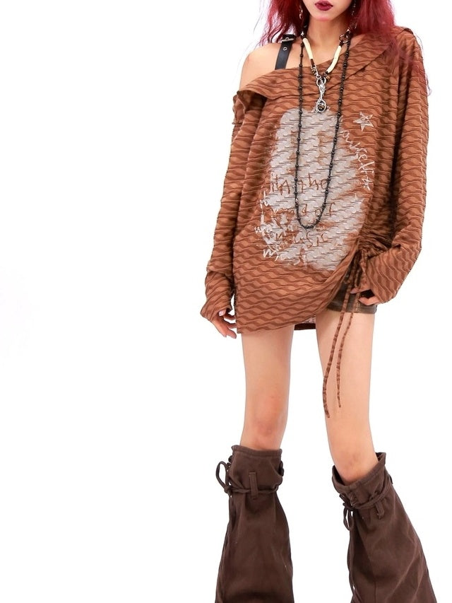 NANAICHILLI Creative Print Loose Boat Neck Commuter Women Black Brown Long Sleeve T-Shirt