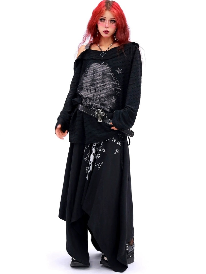 NANAICHILLI Creative Print Loose Boat Neck Commuter Women Black Brown Long Sleeve T-Shirt