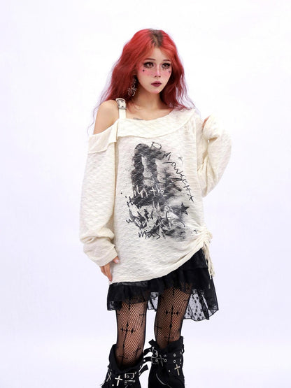 NANAICHILLI Creative Print Loose Boat Neck Commuter Women Black Brown Long Sleeve T-Shirt