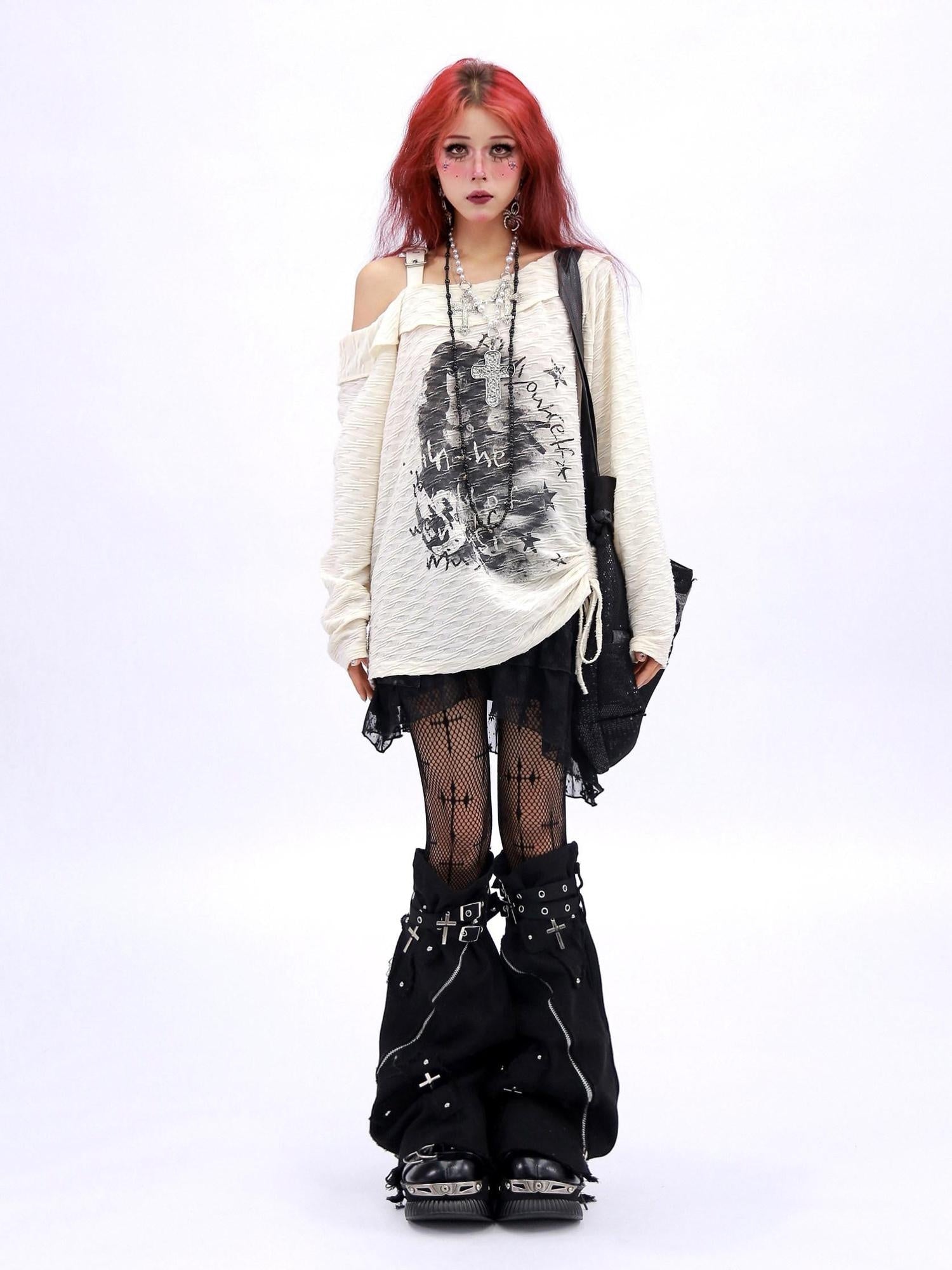 NANAICHILLI Creative Print Loose Boat Neck Commuter Women Black Brown Long Sleeve T-Shirt