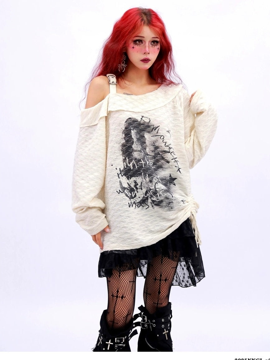 NANAICHILLI Creative Print Loose Boat Neck Commuter Women Black Brown Long Sleeve T-Shirt