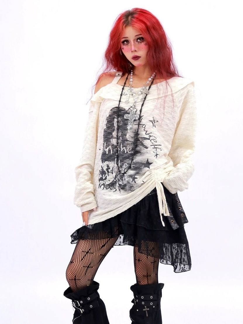 NANAICHILLI Creative Print Loose Boat Neck Commuter Women Black Brown Long Sleeve T-Shirt