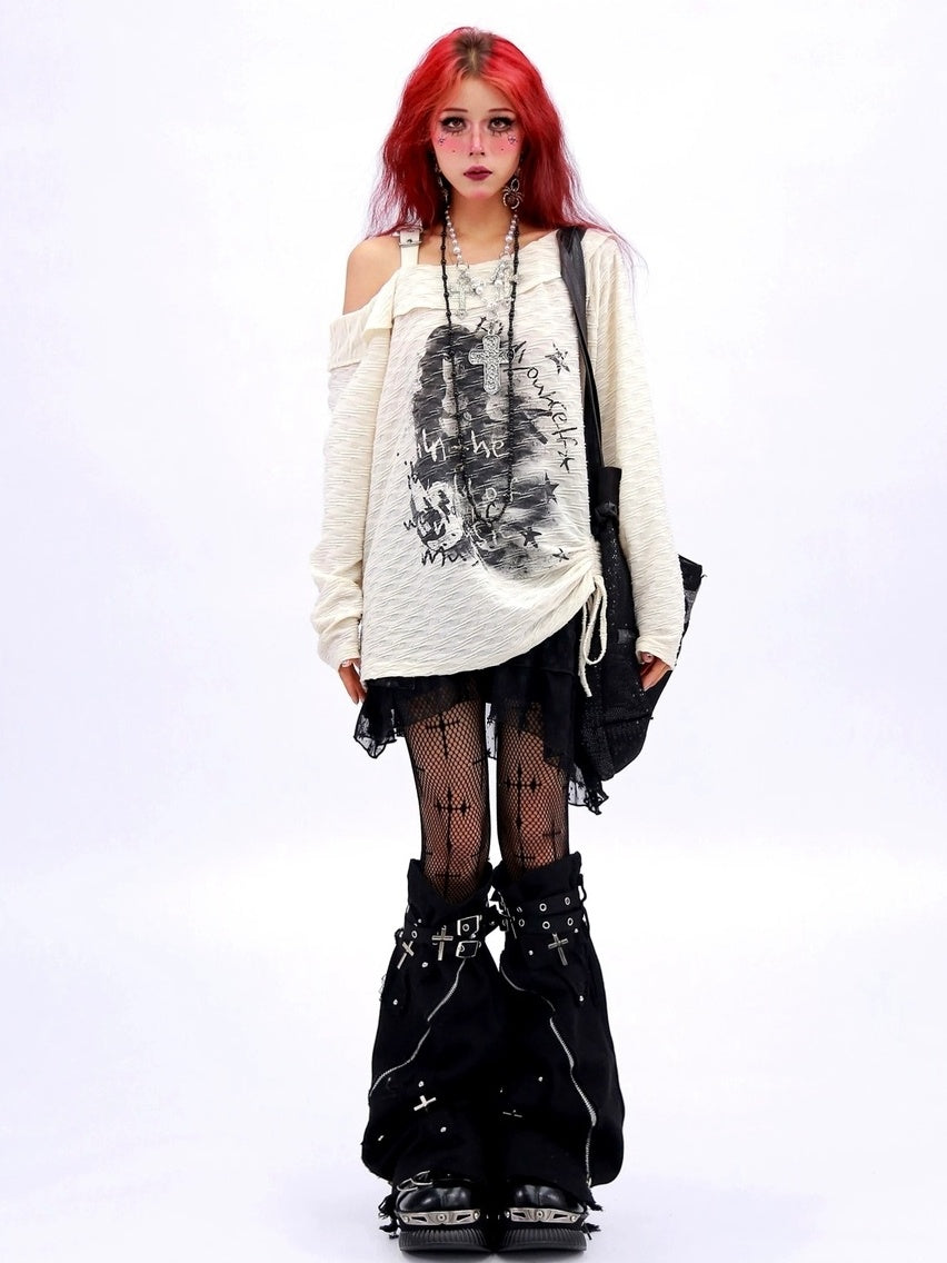 NANAICHILLI Creative Print Loose Boat Neck Commuter Women Black Brown Long Sleeve T-Shirt