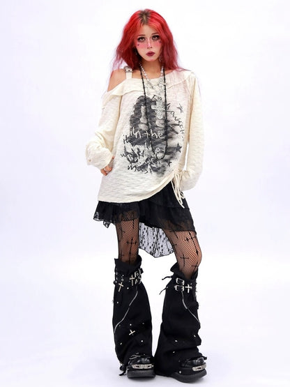 NANAICHILLI Creative Print Loose Boat Neck Commuter Women Black Brown Long Sleeve T-Shirt