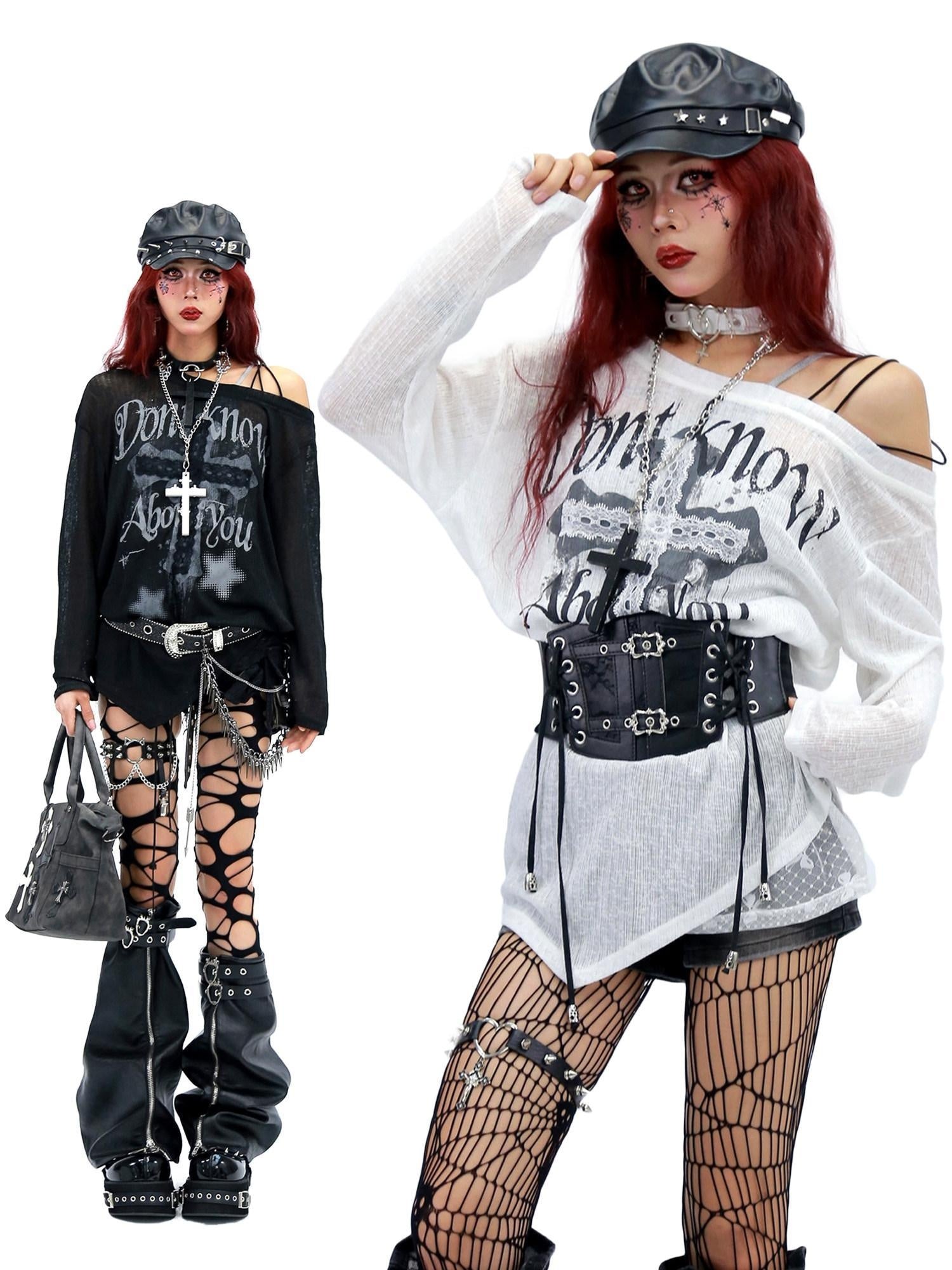 NANAICHILLI Creative Print Loose Fit Commuter Crew Neck Black White Long Sleeve T-Shirt