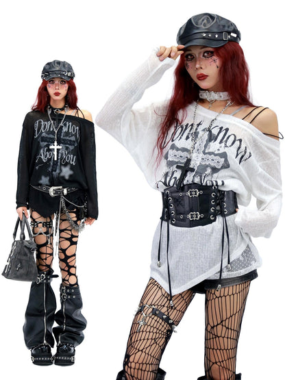 NANAICHILLI Creative Print Loose Fit Commuter Crew Neck Black White Long Sleeve T-Shirt