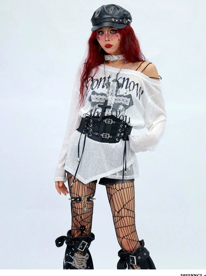 NANAICHILLI Creative Print Loose Fit Commuter Crew Neck Black White Long Sleeve T-Shirt