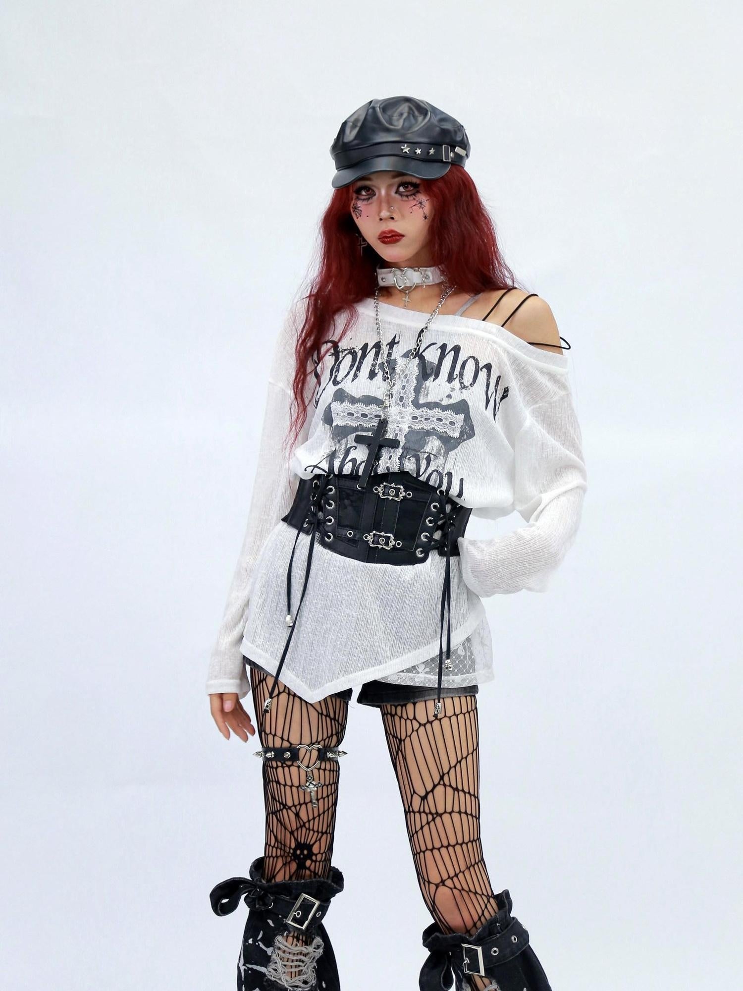 NANAICHILLI Creative Print Loose Fit Commuter Crew Neck Black White Long Sleeve T-Shirt