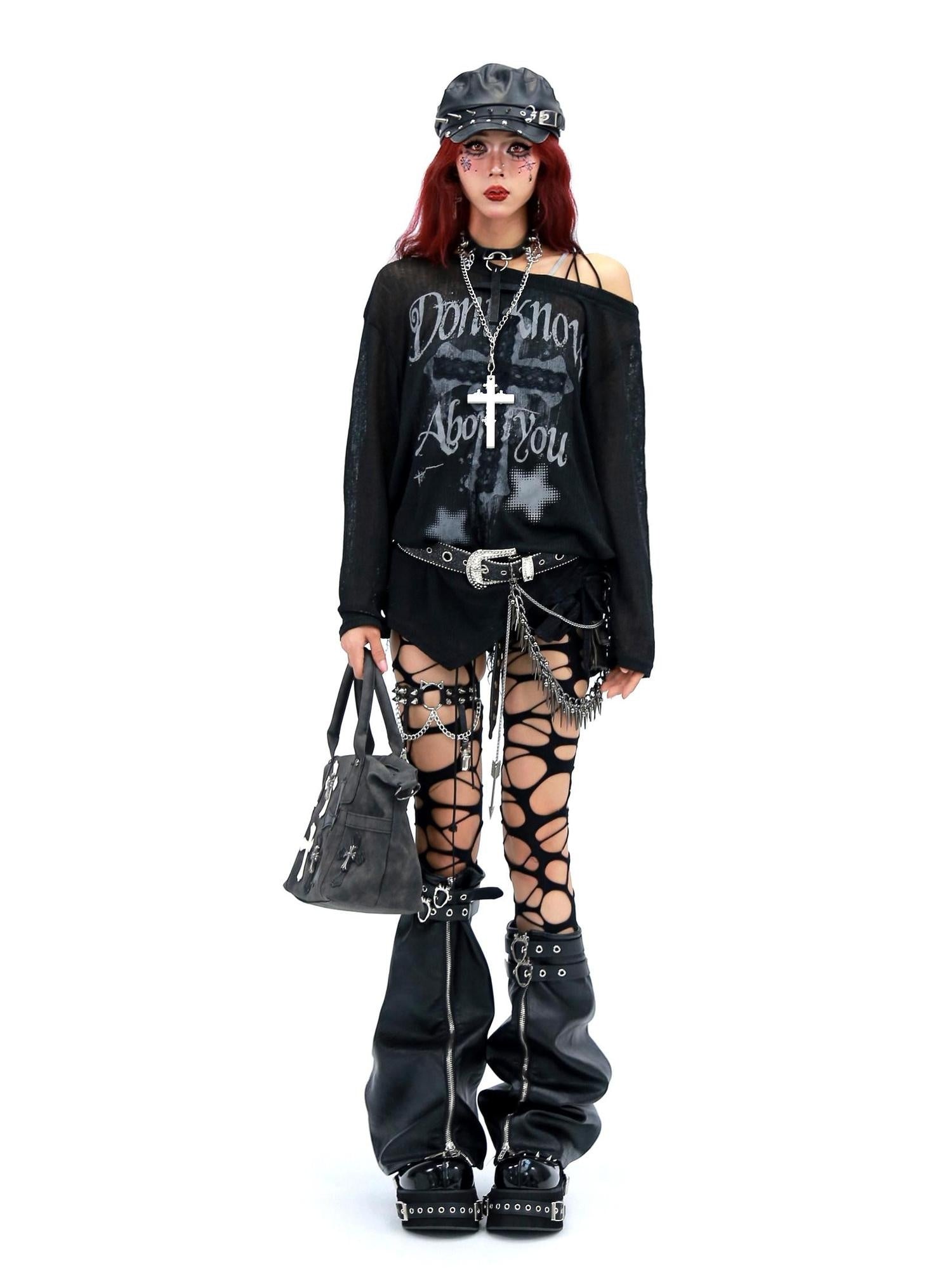 NANAICHILLI Creative Print Loose Fit Commuter Crew Neck Black White Long Sleeve T-Shirt