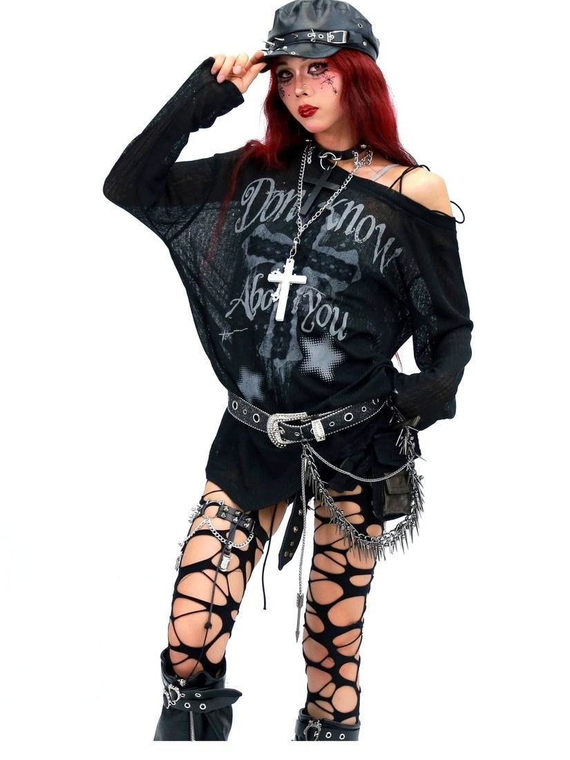 NANAICHILLI Creative Print Loose Fit Commuter Crew Neck Black White Long Sleeve T-Shirt