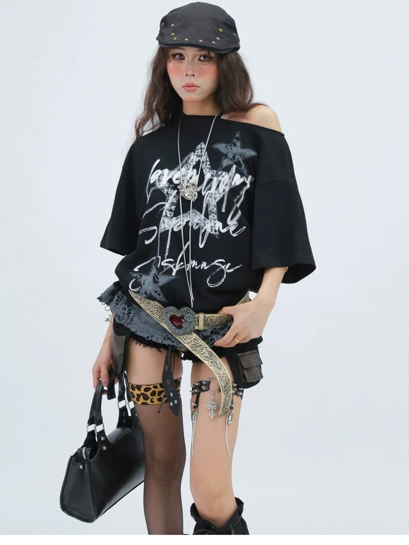 NANAICHILLI Creative Print Sexy Loose Fit Round Neck Women 100 Percent Cotton T-Shirt