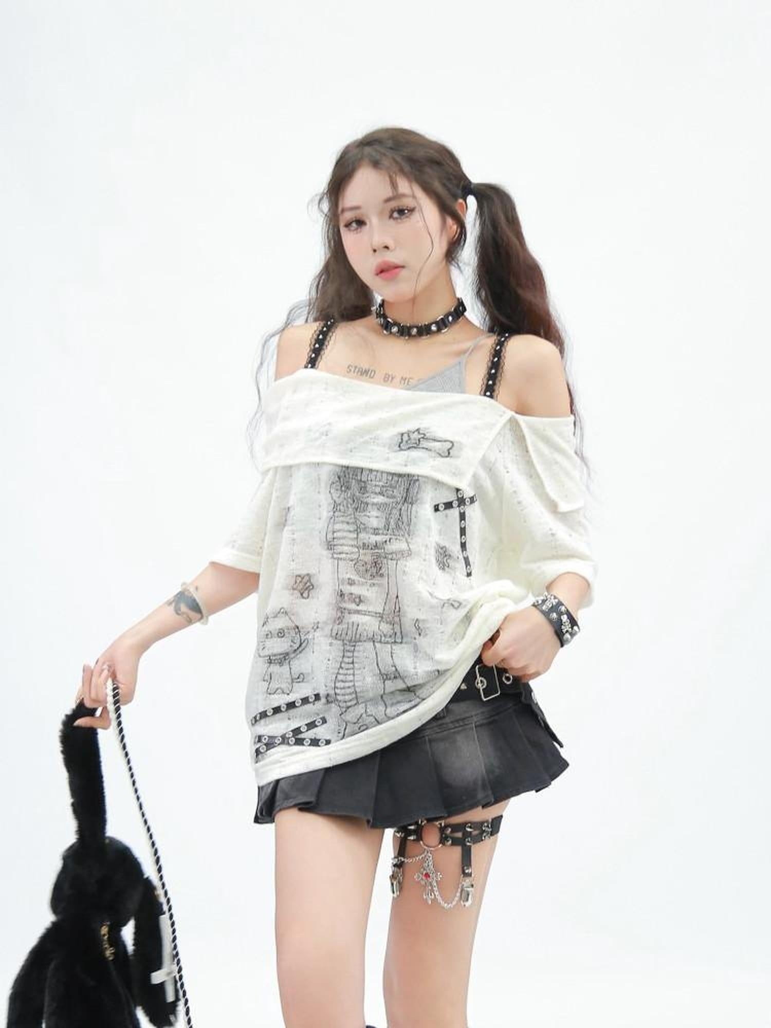 NANAICHILLI Creative Print Streetwear Loose Fit Boat Neck Short Sleeve Unisex T-Shirt