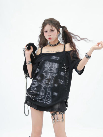 NANAICHILLI Creative Print Streetwear Loose Fit Boat Neck Short Sleeve Unisex T-Shirt