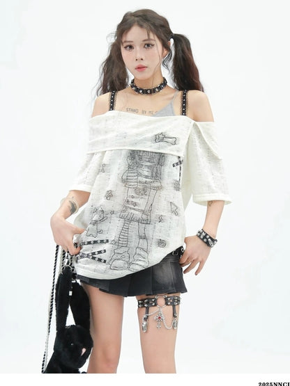 NANAICHILLI Creative Print Streetwear Loose Fit Boat Neck Short Sleeve Unisex T-Shirt