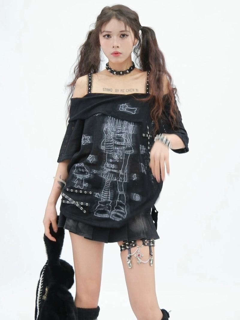 NANAICHILLI Creative Print Streetwear Loose Fit Boat Neck Short Sleeve Unisex T-Shirt