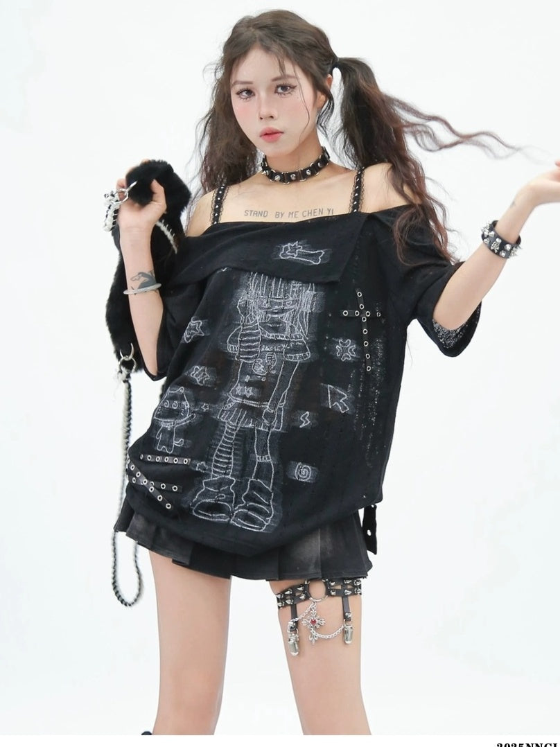 NANAICHILLI Creative Print Streetwear Loose Fit Boat Neck Short Sleeve Unisex T-Shirt