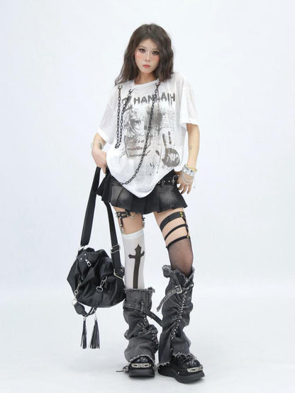 NANAICHILLI Creative Printed Loose Fit Streetwear Crew Neck Short Sleeve Black White T-Shirt