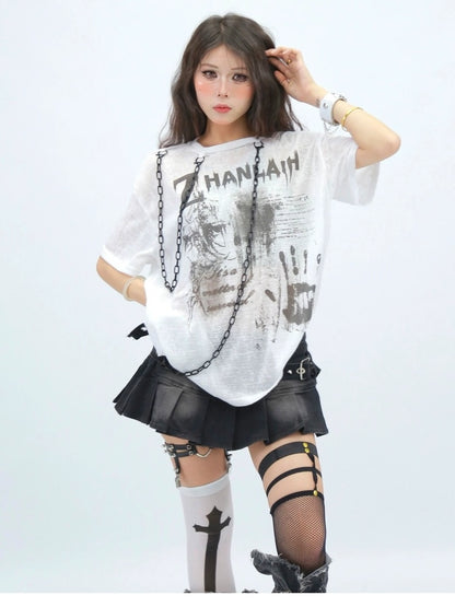 NANAICHILLI Creative Printed Loose Fit Streetwear Crew Neck Short Sleeve Black White T-Shirt