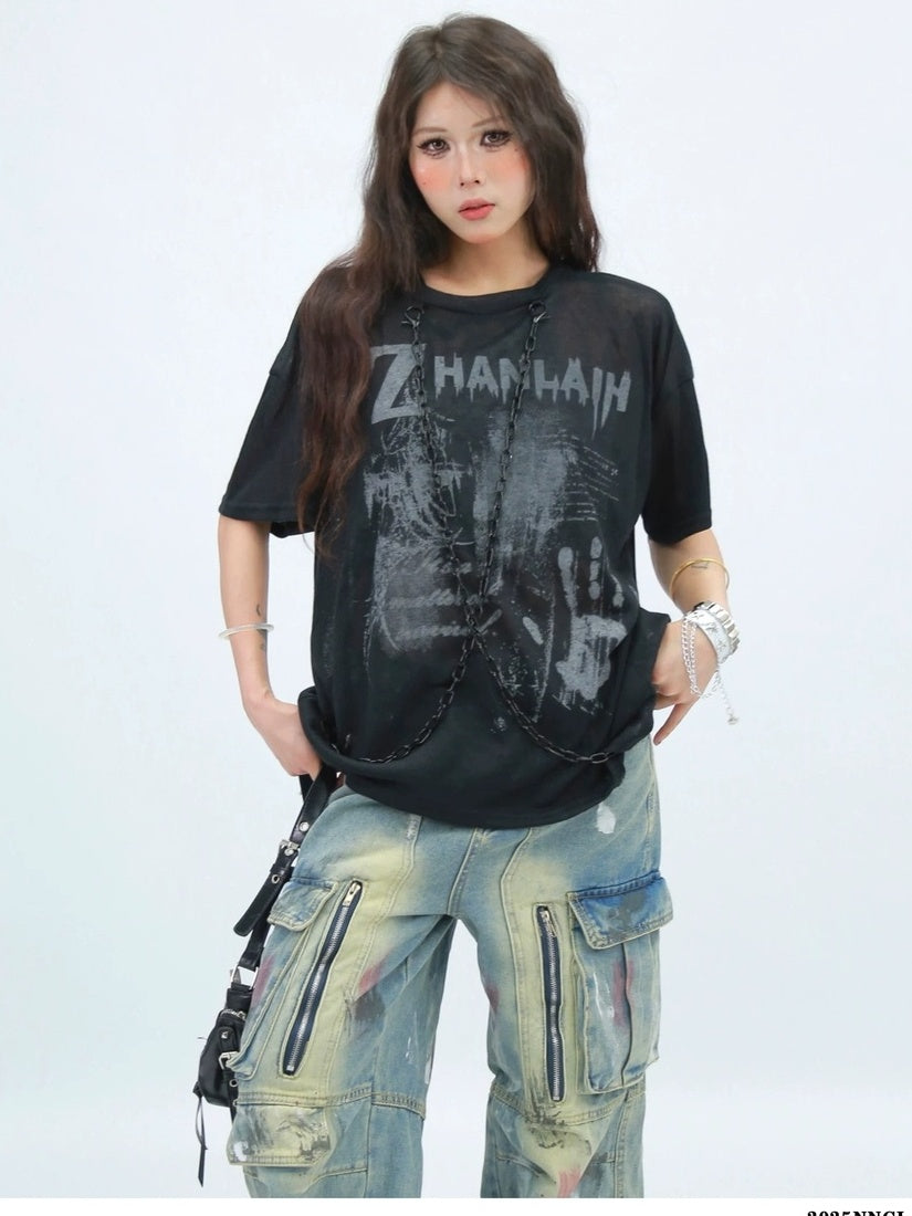 NANAICHILLI Creative Printed Loose Fit Streetwear Crew Neck Short Sleeve Black White T-Shirt